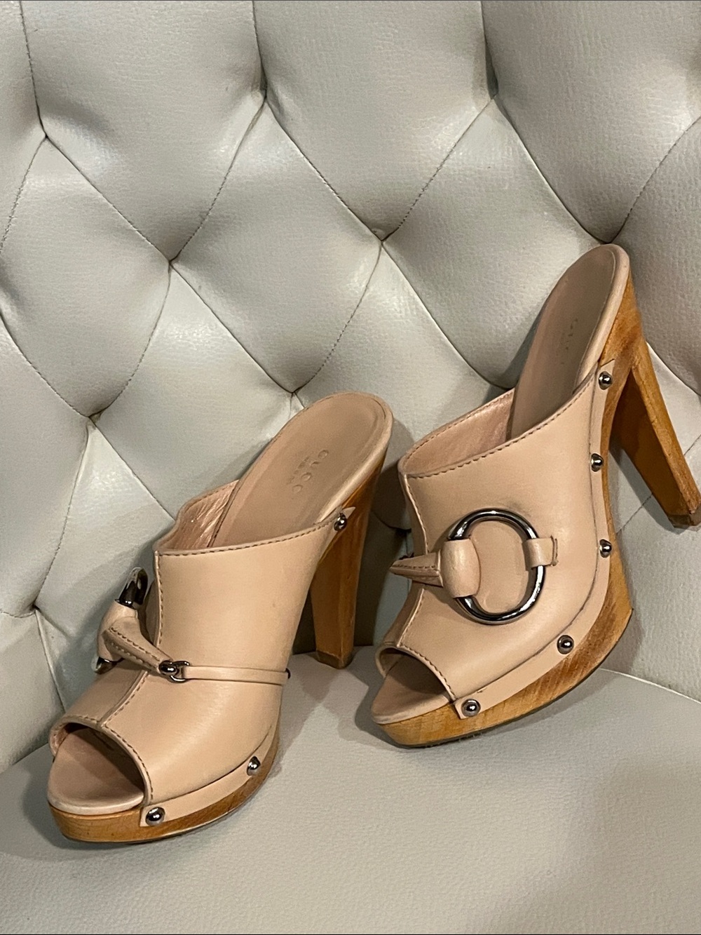 Gucci Beige Leather Open-Toe Wood Platform Mules Silver Ring Size 8